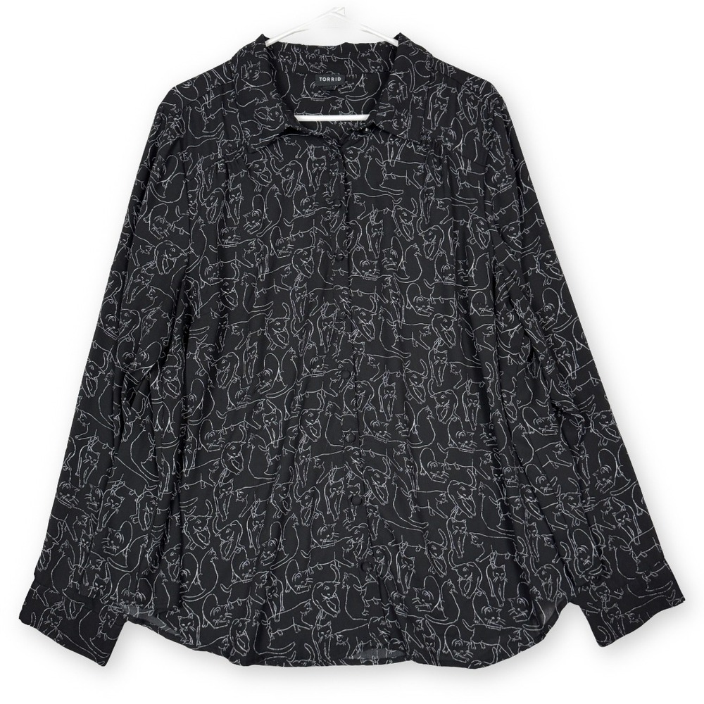 Torrid Black White Cat Line Art Print Button Down Blouse Top Plus Size 2 2X